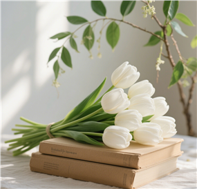 白色郁金香花牛皮纸书籍摄影图片